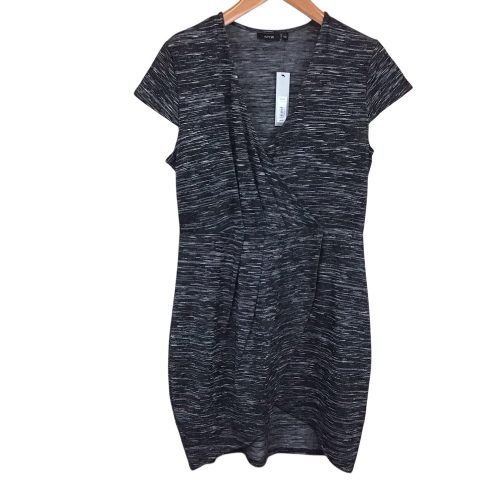 Apt. 9 Faux Wrap Dress L Black Grey White Knit Cap Sleeves NWT
